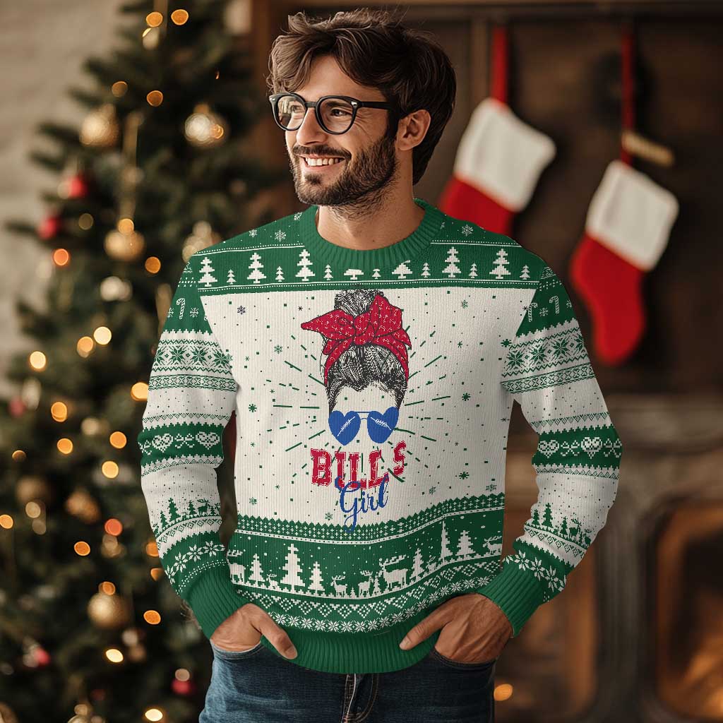 Bills Girl Knit Sweatshirt Messy Bun Funny Sports Fan Team TS02 Green Print Your Wear
