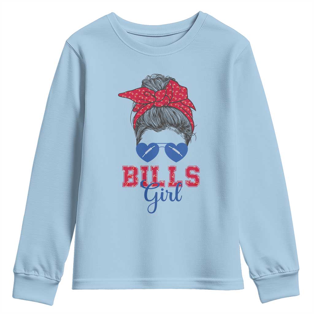 Bills Girl Messy Bun Youth Sweatshirt Funny Sports Fan Team TS02 Light Blue Print Your Wear