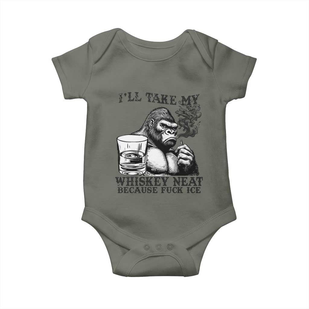 I'll Take My Whiskey Neat Because F Ice Baby Onesie Smoking and Drinking Bigfoot Subtle Political Resistance TS02 Military Green Print Your Wear