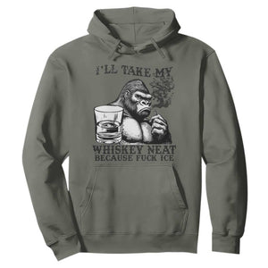 I'll Take My Whiskey Neat Because F Ice Hoodie Smoking and Drinking Bigfoot Subtle Political Resistance TS02 Military Green Print Your Wear