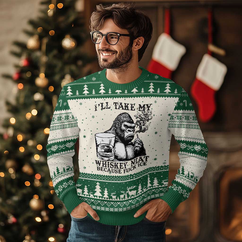 I'll Take My Whiskey Neat Because F Ice Ugly Christmas Sweater Smoking and Drinking Bigfoot Subtle Political Resistance TS02 Beige Green Print Your Wear