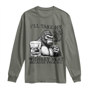 I'll Take My Whiskey Neat Because F Ice Long Sleeve Shirt Smoking and Drinking Bigfoot Subtle Political Resistance TS02 Military Green Print Your Wear