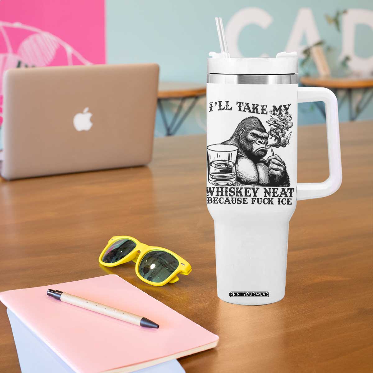 I'll Take My Whiskey Neat Because F Ice Tumbler With Handle Smoking and Drinking Bigfoot Subtle Political Resistance TS02 Print Your Wear