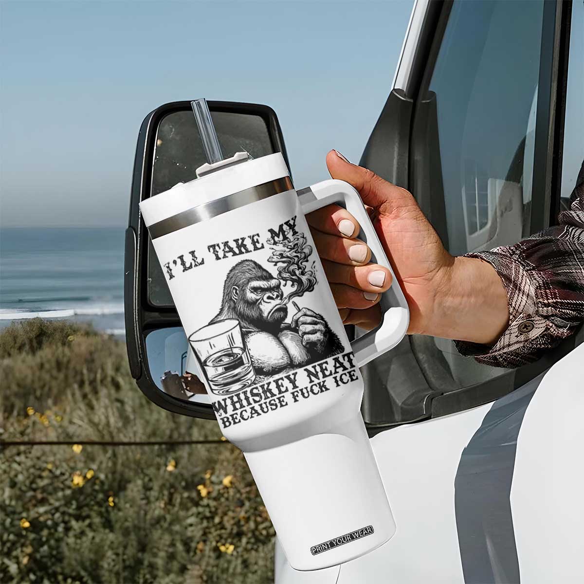 I'll Take My Whiskey Neat Because F Ice Tumbler With Handle Smoking and Drinking Bigfoot Subtle Political Resistance TS02 Print Your Wear