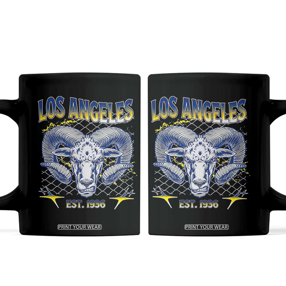 Cool Blue and Gold Ram Head Bighorn Sheep Graphic Coffee Mug Est 1936 Los Angeles Lover TS02 Black Print Your Wear