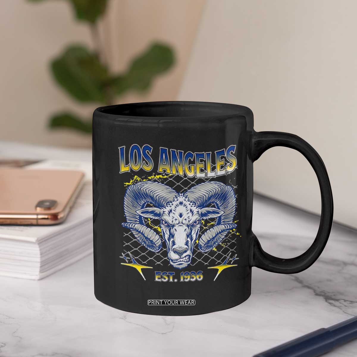 Cool Blue and Gold Ram Head Bighorn Sheep Graphic Coffee Mug Est 1936 Los Angeles Lover TS02 Print Your Wear