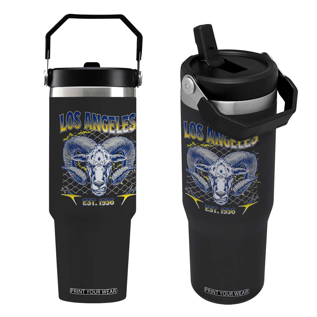 Cool Blue and Gold Ram Head Bighorn Sheep Graphic Flip Straw Tumbler Est 1936 Los Angeles Lover TS02 One Size: 30 oz Black Print Your Wear