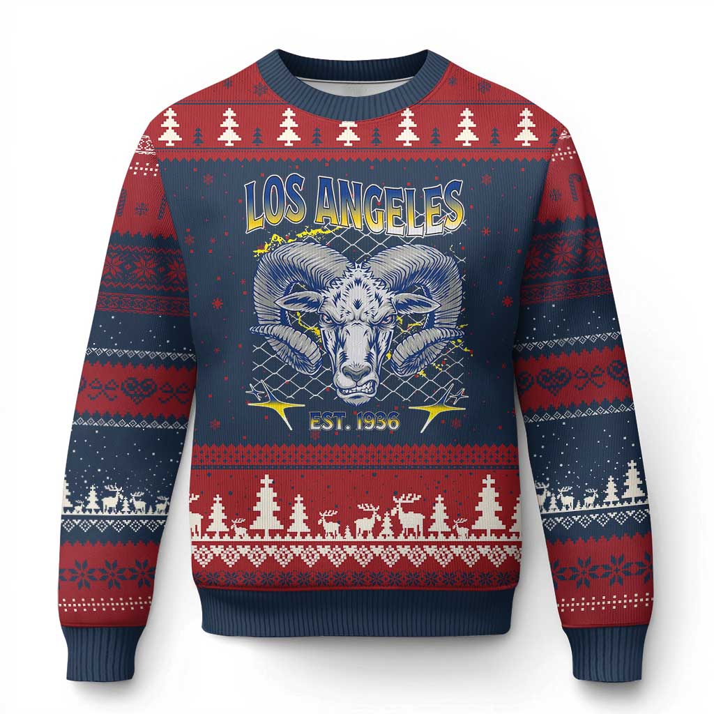 Cool Blue and Gold Ram Head Bighorn Sheep Graphic Ugly Christmas Sweater Est 1936 Los Angeles Lover TS02 Navy Red Print Your Wear