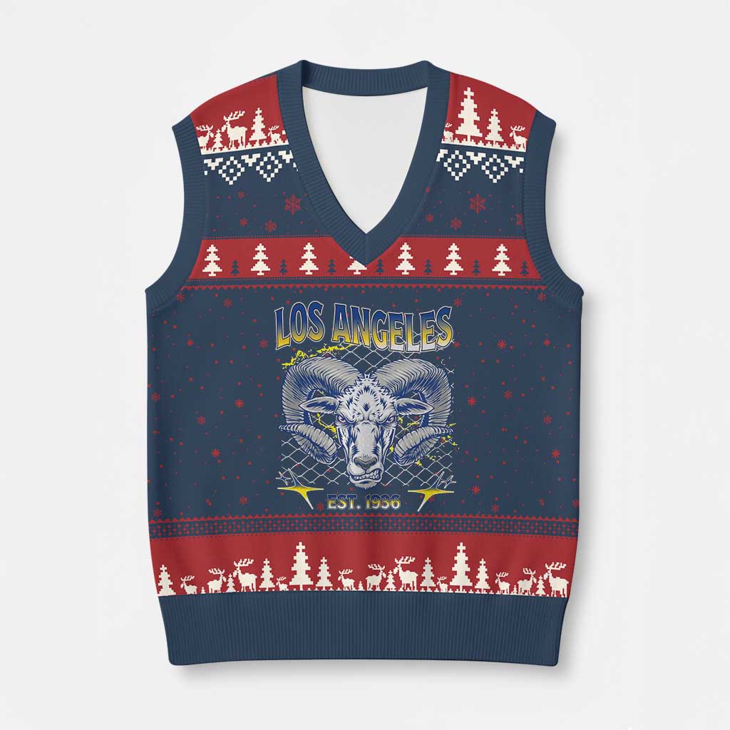 Cool Blue and Gold Ram Head Bighorn Sheep Graphic V-Neck Knit Sweater Vest Est 1936 Los Angeles Lover TS02 Navy Red Print Your Wear