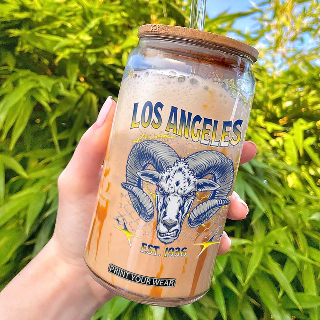 Cool Blue and Gold Ram Head Bighorn Sheep Graphic Glass Can Est 1936 Los Angeles Lover TS02 Black Print Your Wear