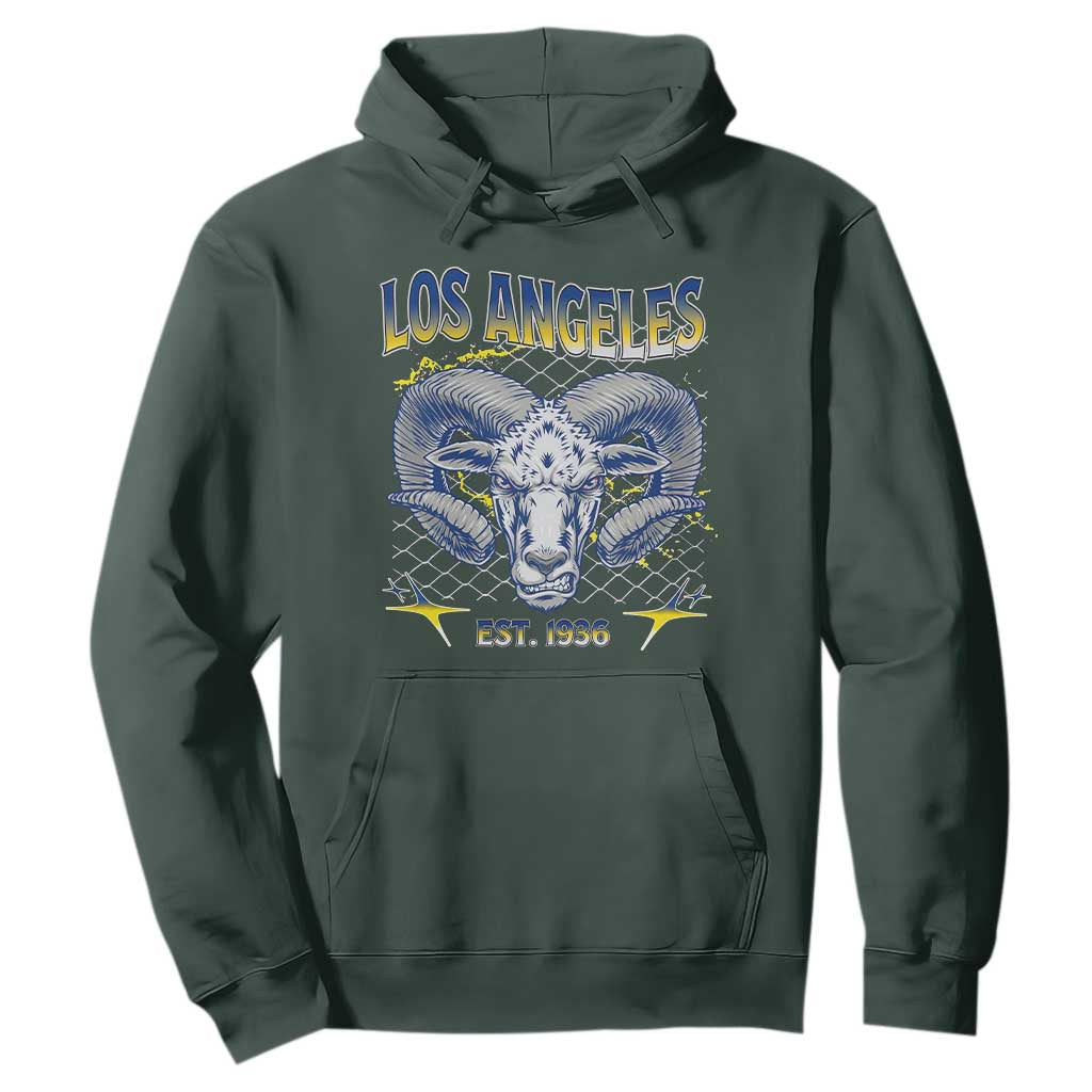 Cool Blue and Gold Ram Head Bighorn Sheep Graphic Hoodie Est 1936 Los Angeles Lover TS02 Dark Forest Green Print Your Wear