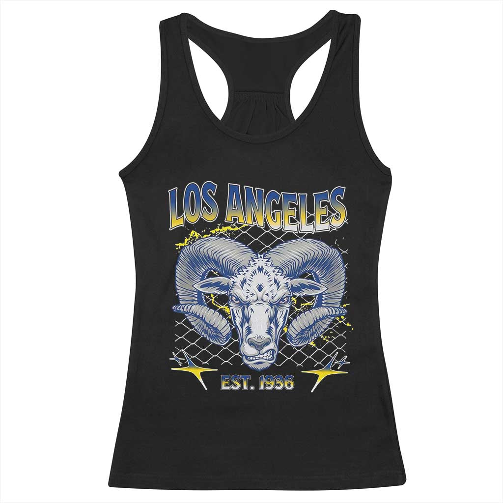 Cool Blue and Gold Ram Head Bighorn Sheep Graphic Racerback Tank Top Est 1936 Los Angeles Lover TS02 Black Print Your Wear