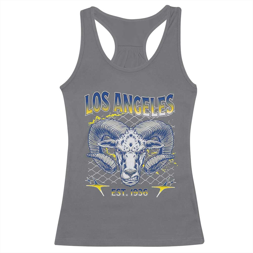Cool Blue and Gold Ram Head Bighorn Sheep Graphic Racerback Tank Top Est 1936 Los Angeles Lover TS02 Charcoal Print Your Wear