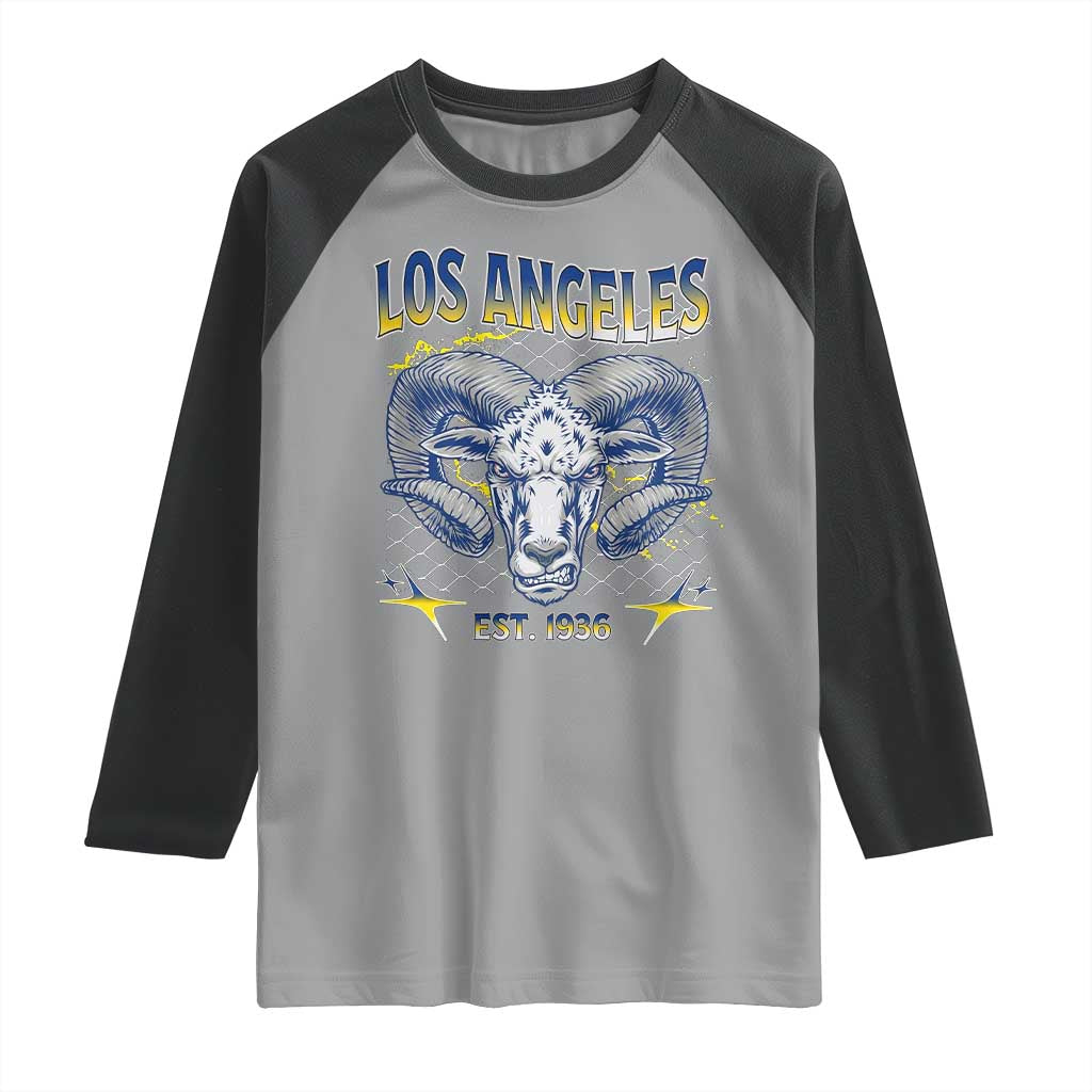 Cool Blue and Gold Ram Head Bighorn Sheep Graphic Raglan Shirt Est 1936 Los Angeles Lover TS02 Sport Gray Black Print Your Wear
