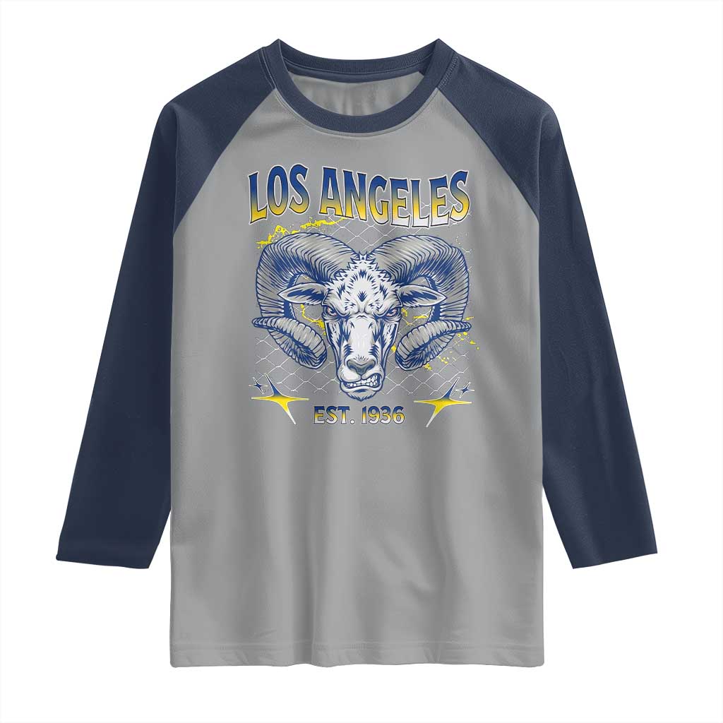 Cool Blue and Gold Ram Head Bighorn Sheep Graphic Raglan Shirt Est 1936 Los Angeles Lover TS02 Sport Gray Navy Print Your Wear