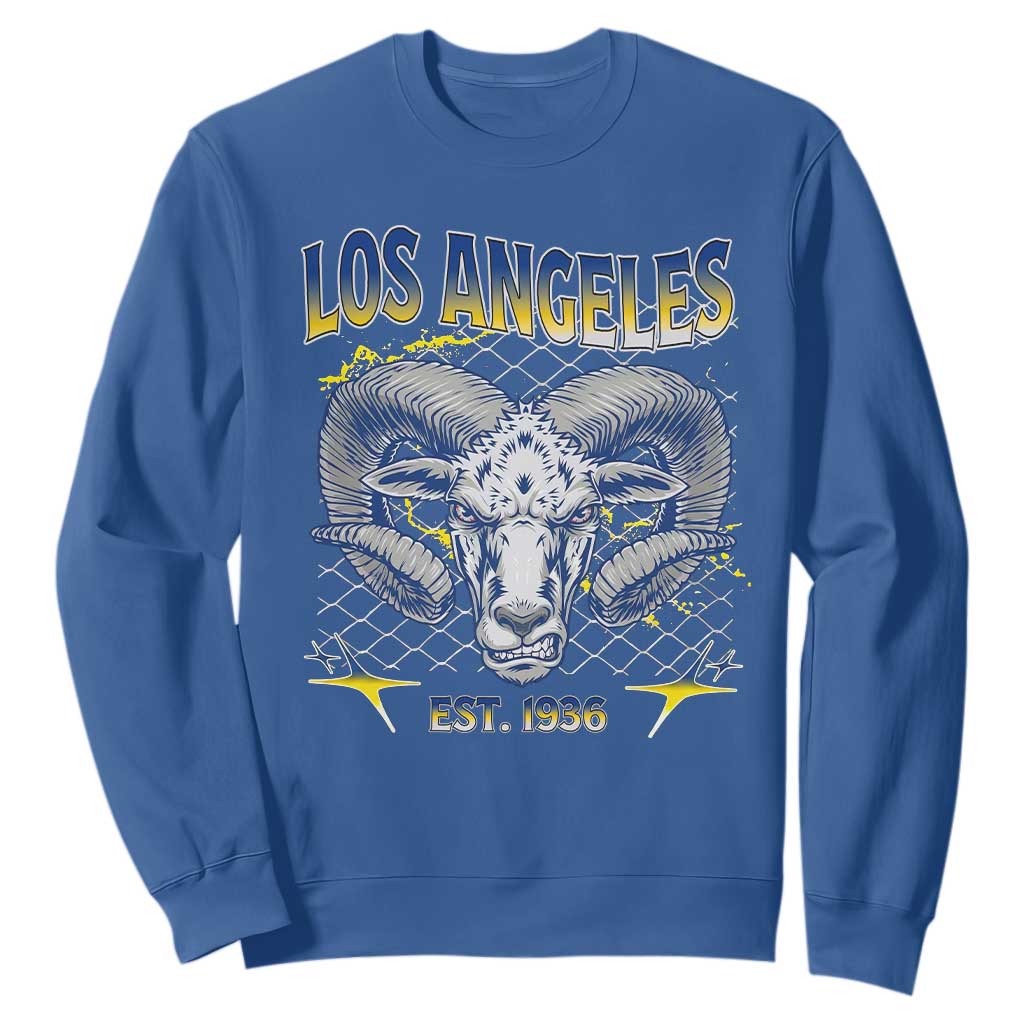Cool Blue and Gold Ram Head Bighorn Sheep Graphic Sweatshirt Est 1936 Los Angeles Lover TS02 Royal Blue Print Your Wear