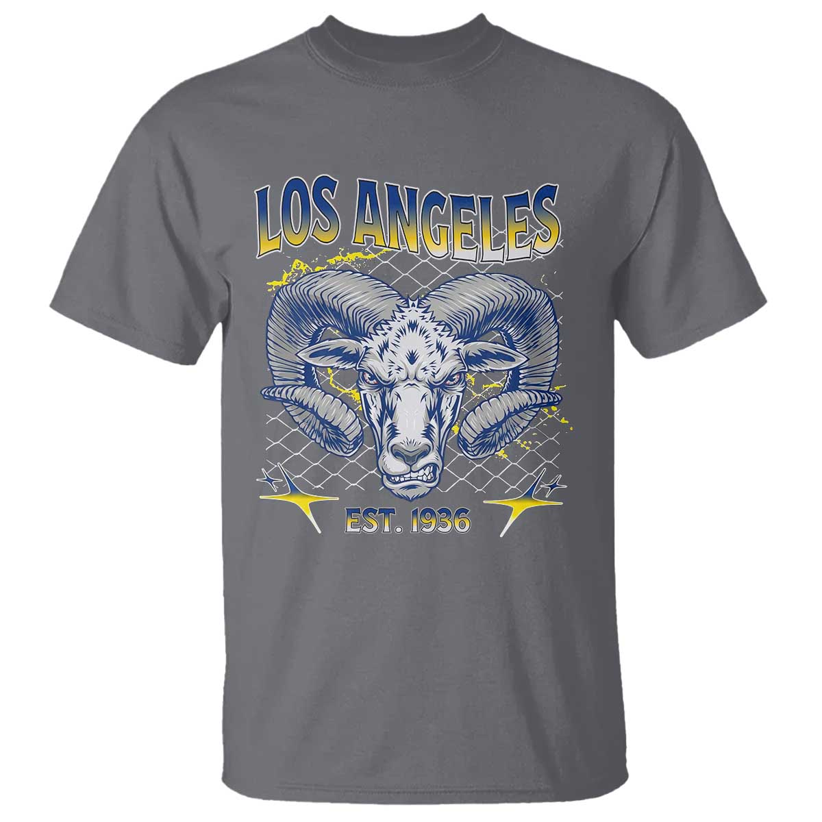 Cool Blue and Gold Ram Head Bighorn Sheep Graphic T Shirt Est 1936 Los Angeles Lover TS02 Charcoal Print Your Wear
