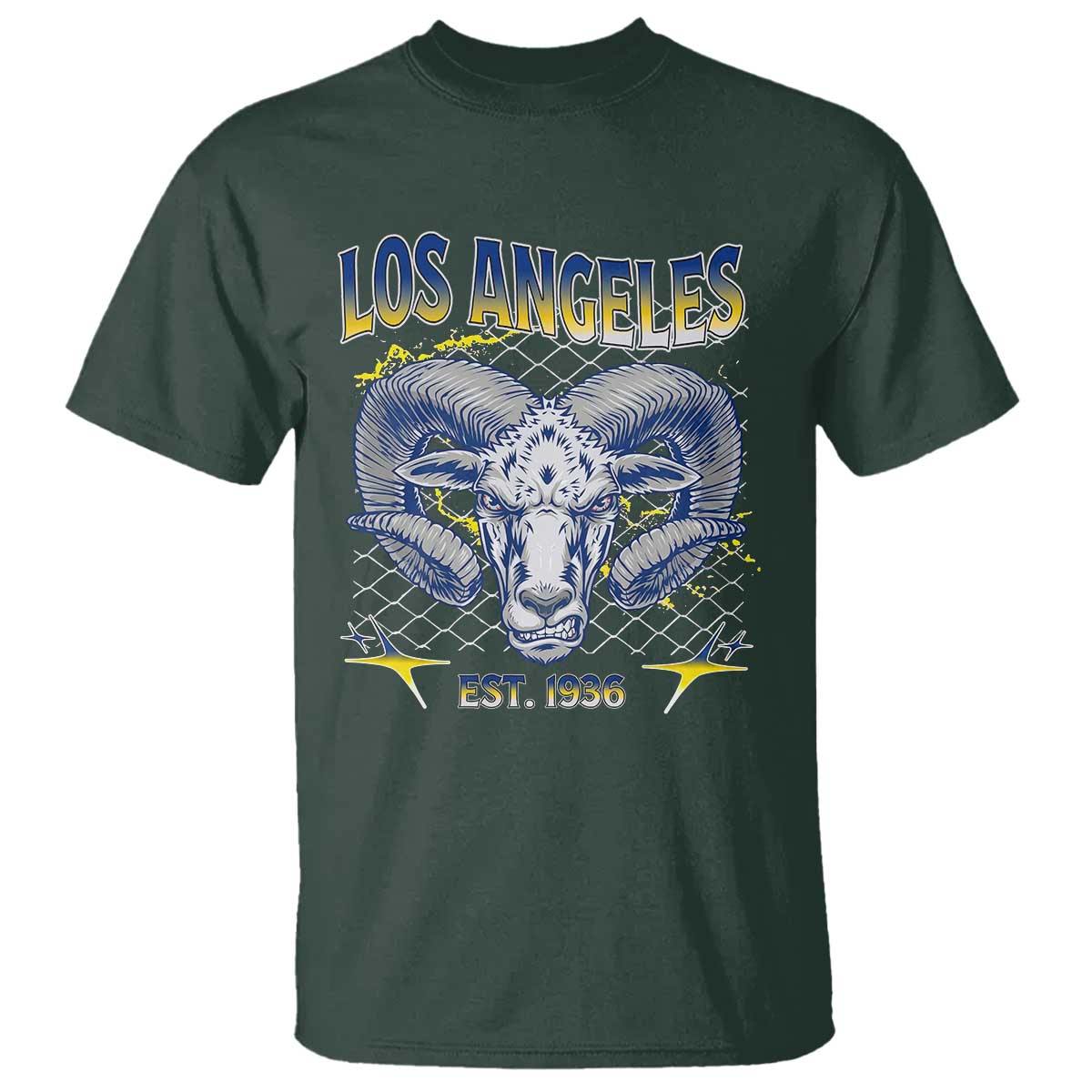 Cool Blue and Gold Ram Head Bighorn Sheep Graphic T Shirt Est 1936 Los Angeles Lover TS02 Dark Forest Green Print Your Wear