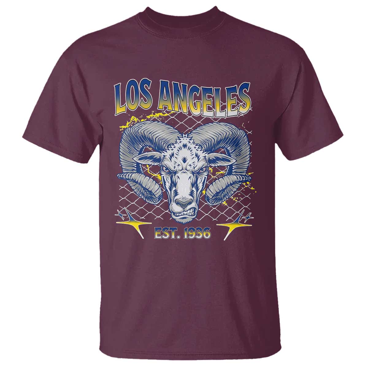 Cool Blue and Gold Ram Head Bighorn Sheep Graphic T Shirt Est 1936 Los Angeles Lover TS02 Maroon Print Your Wear