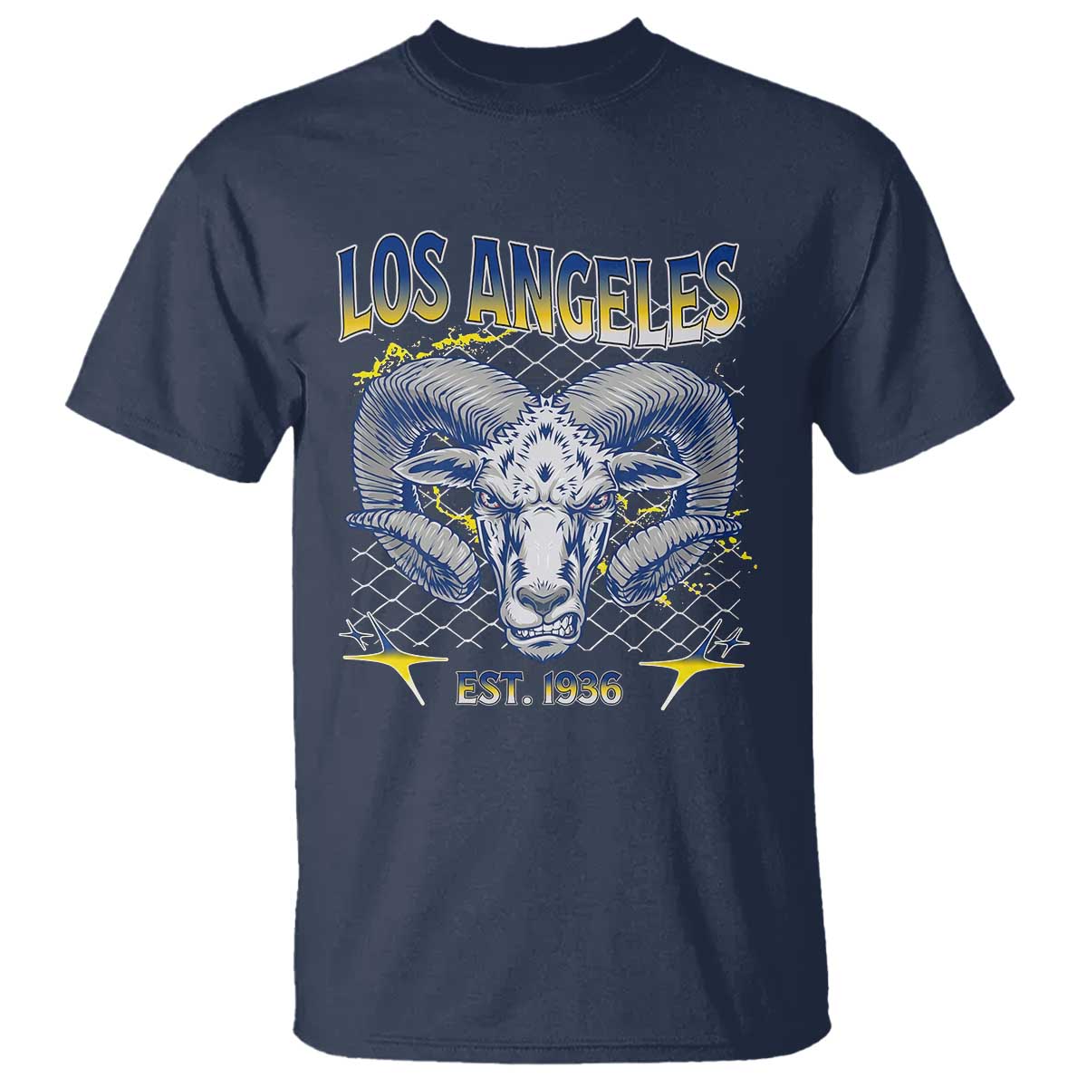 Cool Blue and Gold Ram Head Bighorn Sheep Graphic T Shirt Est 1936 Los Angeles Lover TS02 Navy Print Your Wear