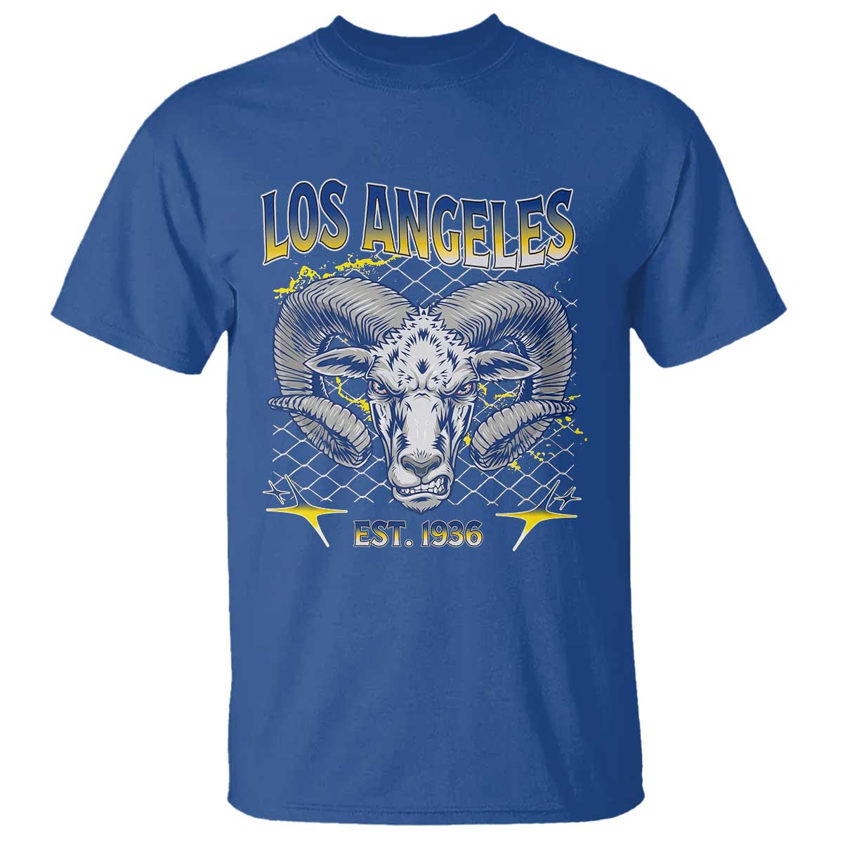 Cool Blue and Gold Ram Head Bighorn Sheep Graphic T Shirt Est 1936 Los Angeles Lover TS02 Royal Blue Print Your Wear