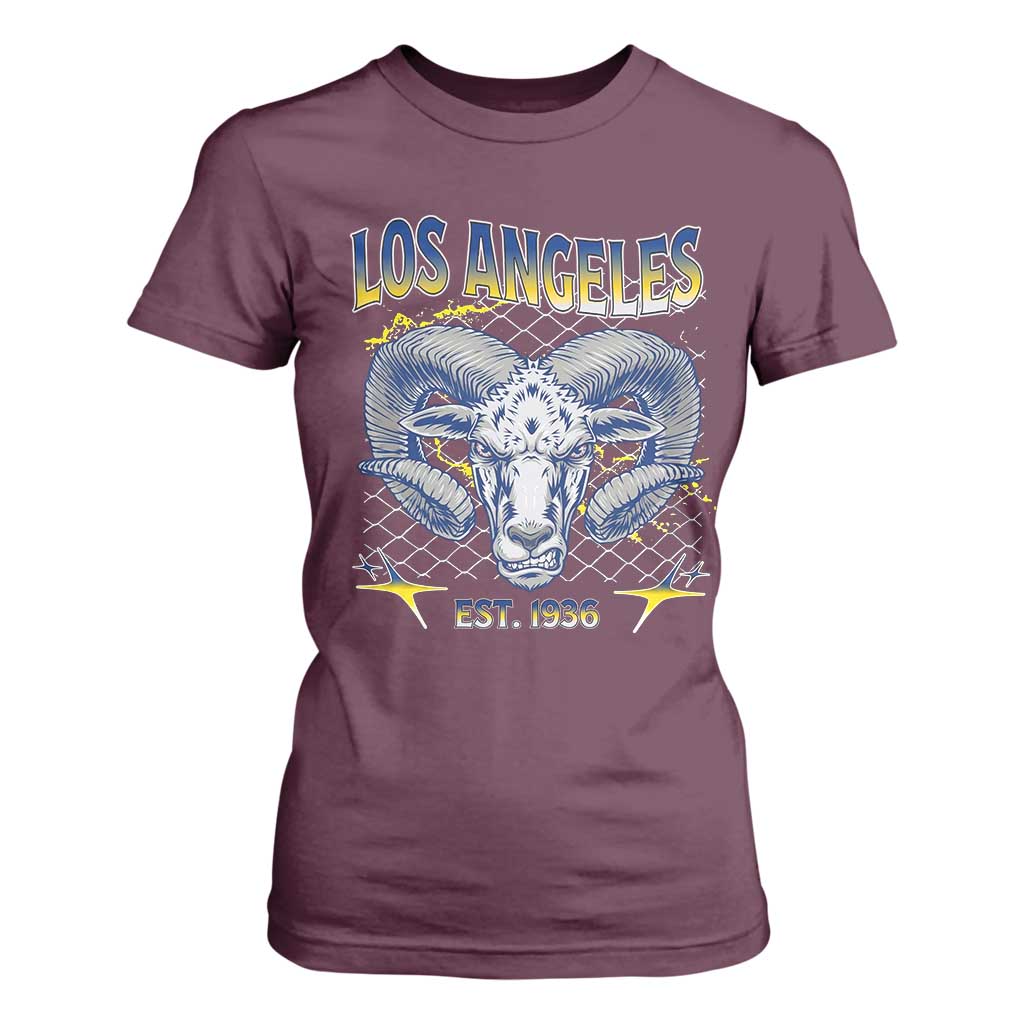 Cool Blue and Gold Ram Head Bighorn Sheep Graphic T Shirt For Women Est 1936 Los Angeles Lover TS02 Maroon Print Your Wear