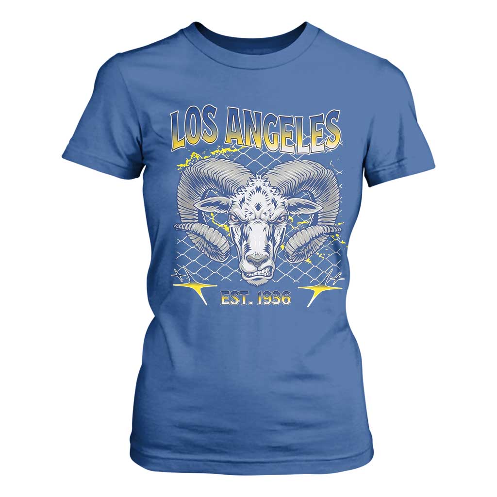 Cool Blue and Gold Ram Head Bighorn Sheep Graphic T Shirt For Women Est 1936 Los Angeles Lover TS02 Royal Blue Print Your Wear