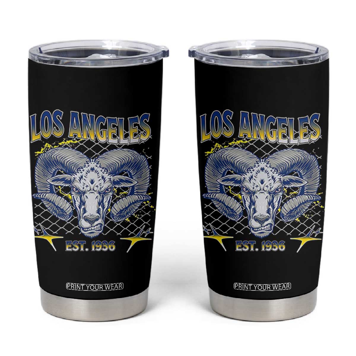 Cool Blue and Gold Ram Head Bighorn Sheep Graphic Tumbler Cup Est 1936 Los Angeles Lover TS02 Black Print Your Wear