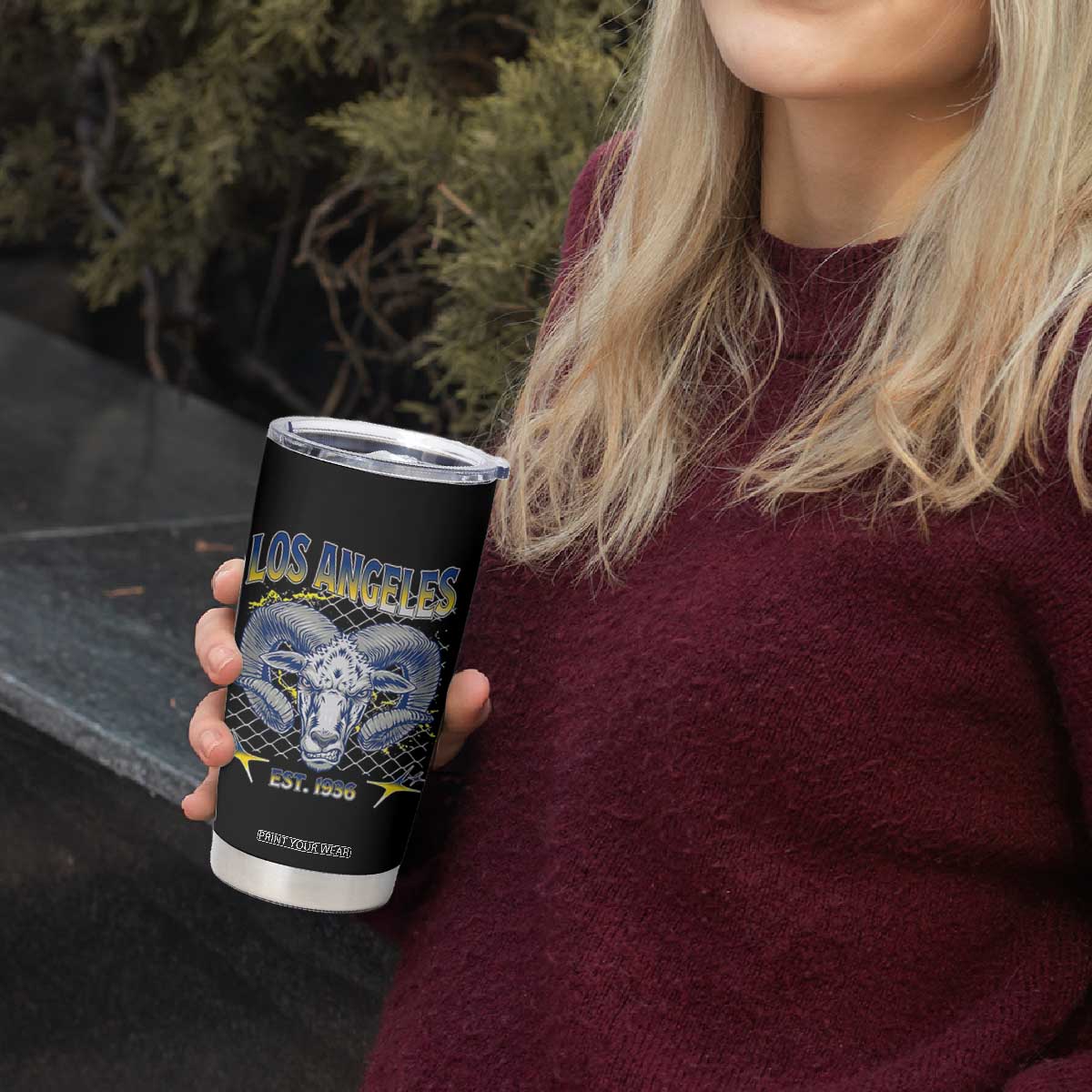 Cool Blue and Gold Ram Head Bighorn Sheep Graphic Tumbler Cup Est 1936 Los Angeles Lover TS02 Print Your Wear