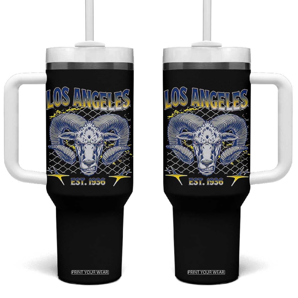 Cool Blue and Gold Ram Head Bighorn Sheep Graphic Tumbler With Handle Est 1936 Los Angeles Lover TS02 One Size: 40 oz Black Print Your Wear