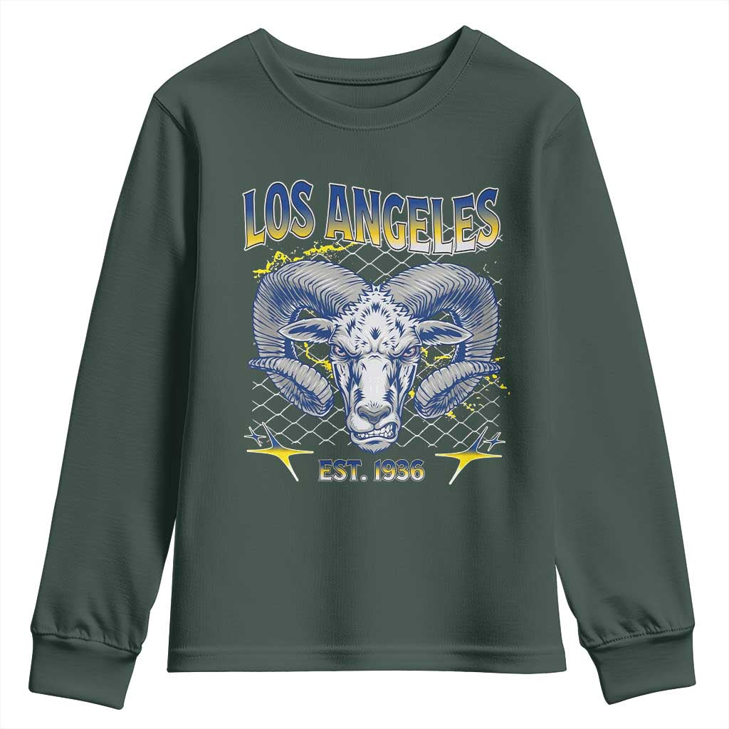 Cool Blue and Gold Ram Head Bighorn Sheep Graphic Youth Sweatshirt Est 1936 Los Angeles Lover TS02 Dark Forest Green Print Your Wear