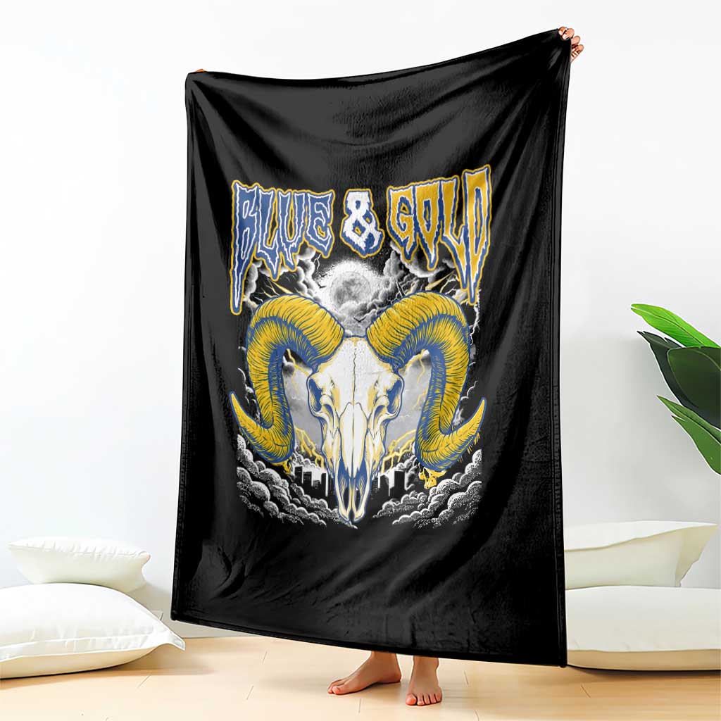 Blue and Gold Lightning Ram Skull Bighorn Sheep Graphic Throw Blanket Electric City Pride TS02 Print Your Wear