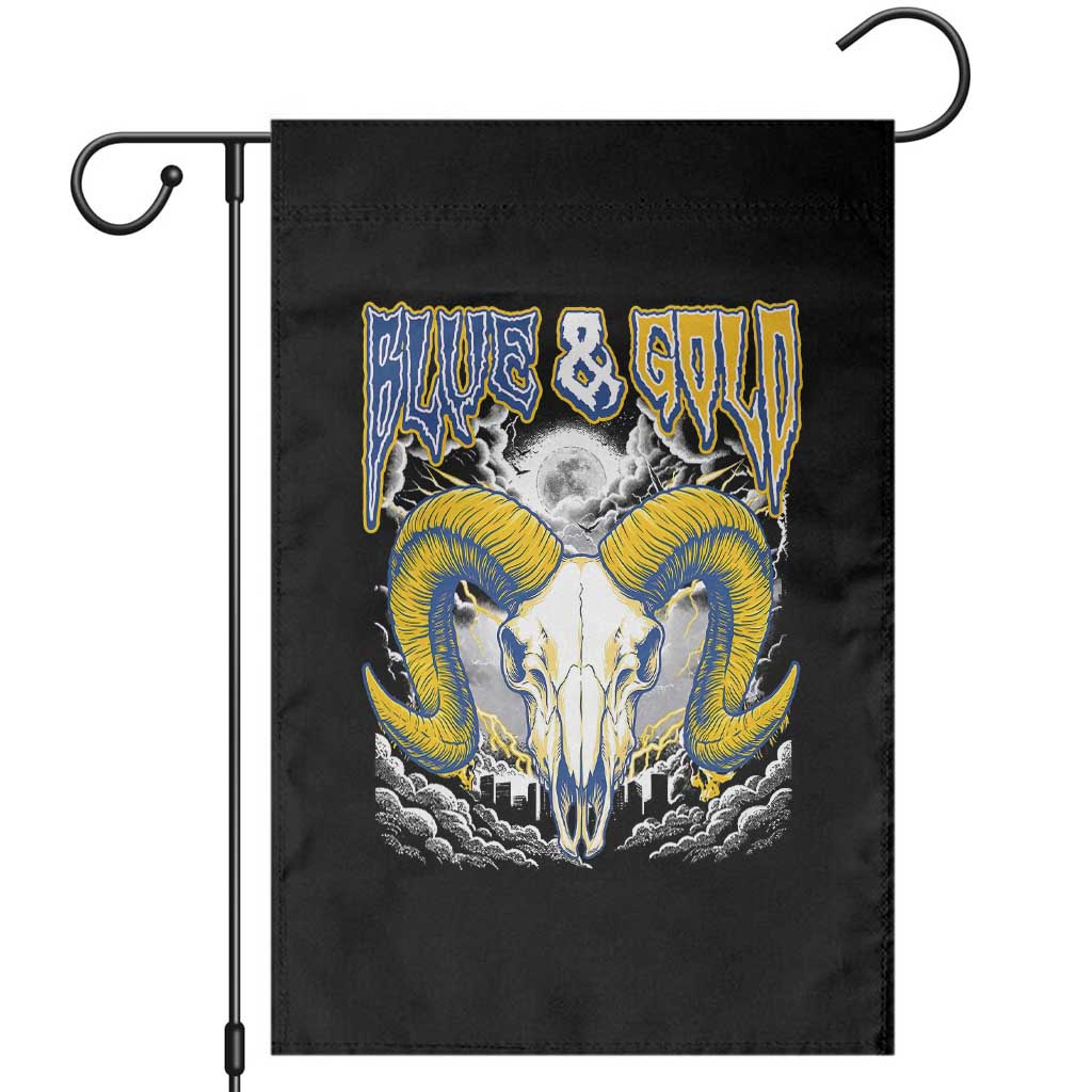 Blue and Gold Lightning Ram Skull Bighorn Sheep Graphic Garden Flag Electric City Pride TS02 Black Print Your Wear
