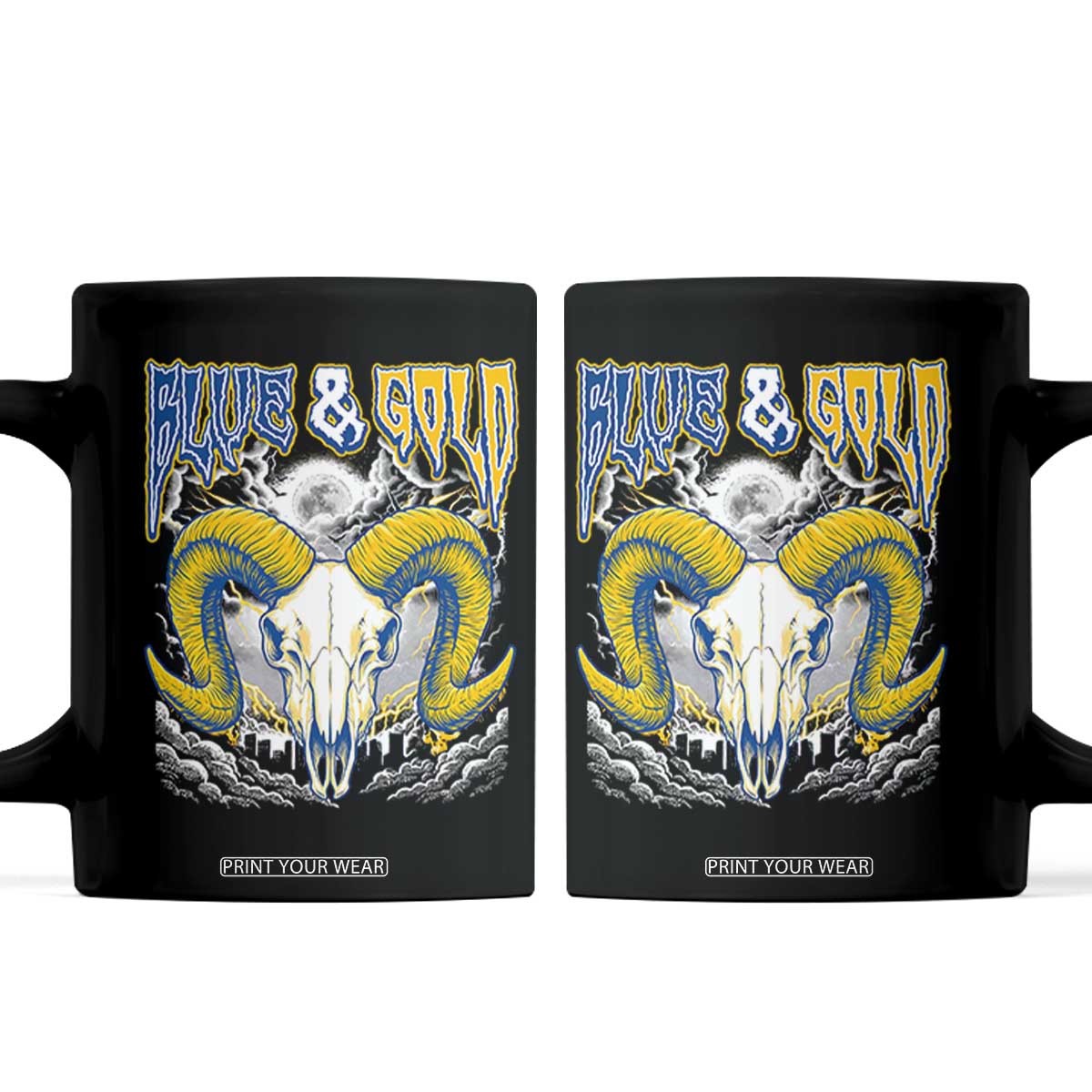 Blue and Gold Lightning Ram Skull Bighorn Sheep Graphic Coffee Mug Electric City Pride TS02 Black Print Your Wear