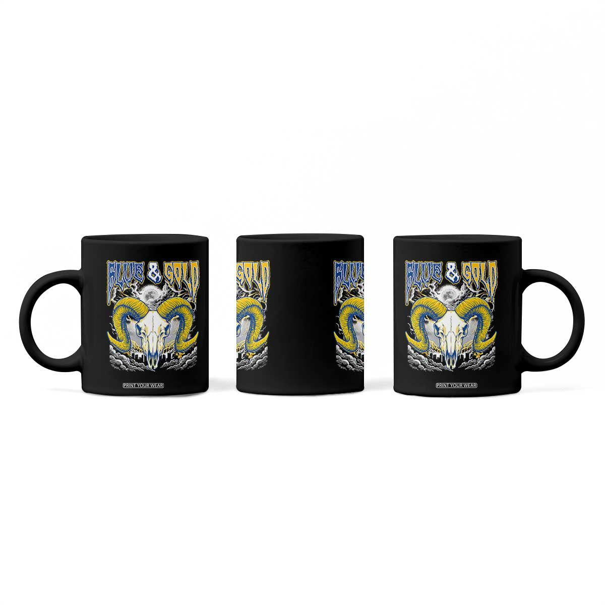 Blue and Gold Lightning Ram Skull Bighorn Sheep Graphic Coffee Mug Electric City Pride TS02 Print Your Wear