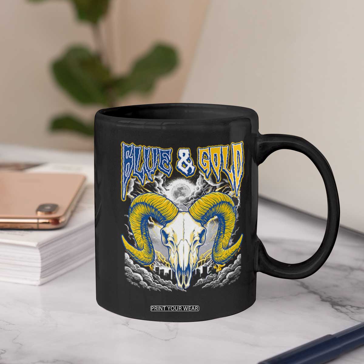 Blue and Gold Lightning Ram Skull Bighorn Sheep Graphic Coffee Mug Electric City Pride TS02 Print Your Wear