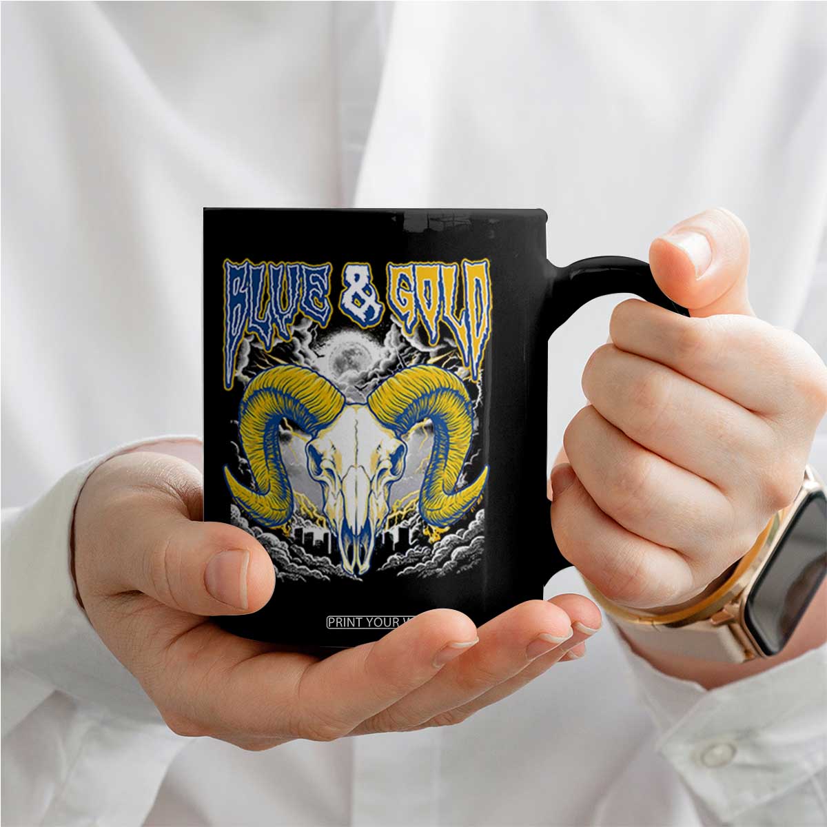 Blue and Gold Lightning Ram Skull Bighorn Sheep Graphic Coffee Mug Electric City Pride TS02 Print Your Wear
