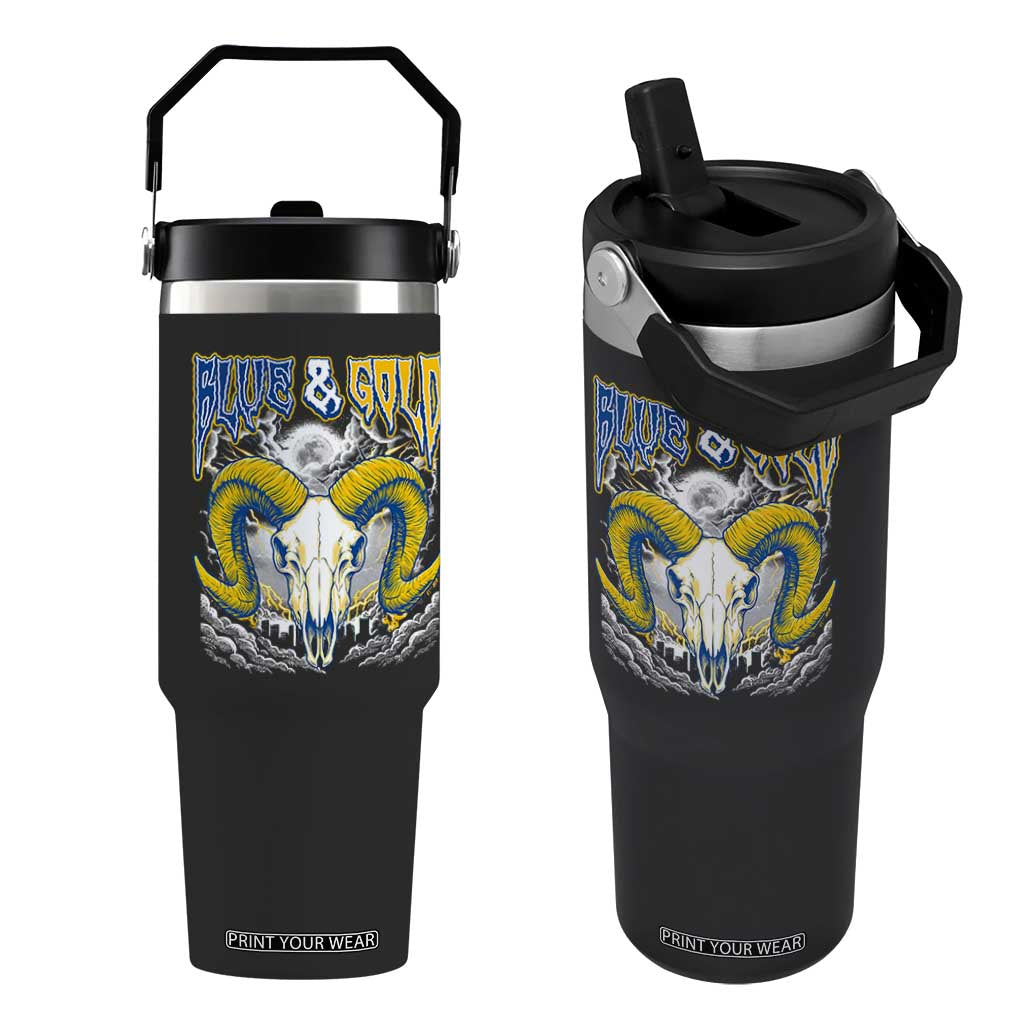 Blue and Gold Lightning Ram Skull Bighorn Sheep Graphic Flip Straw Tumbler Electric City Pride TS02 One Size: 30 oz Black Print Your Wear