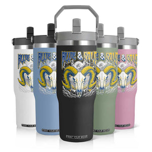 Blue and Gold Lightning Ram Skull Bighorn Sheep Graphic Flip Straw Tumbler Electric City Pride TS02 Print Your Wear