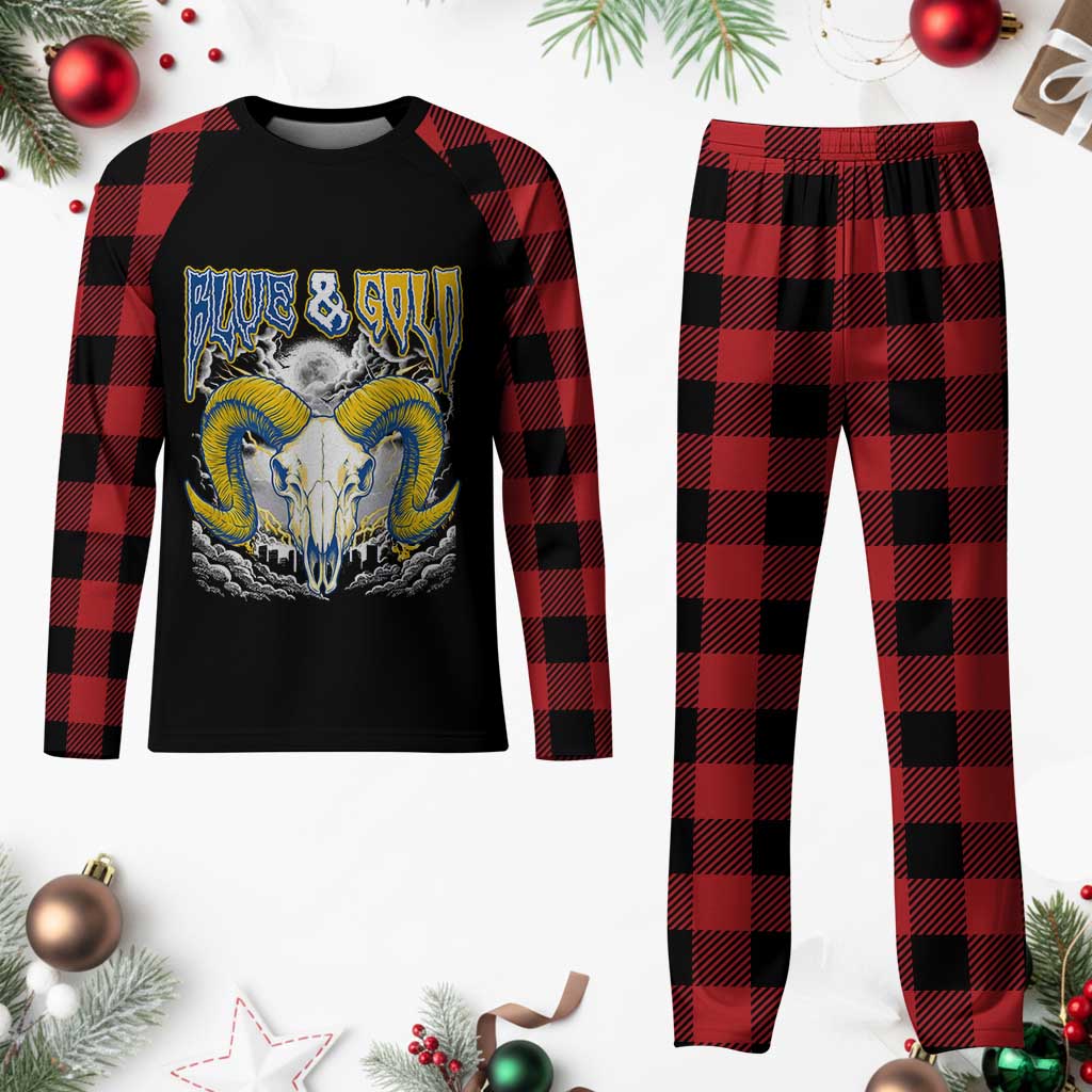 Blue and Gold Lightning Ram Skull Bighorn Sheep Graphic Plaid Pajama Set Electric City Pride TS02 Buffalo Plaid Print Your Wear