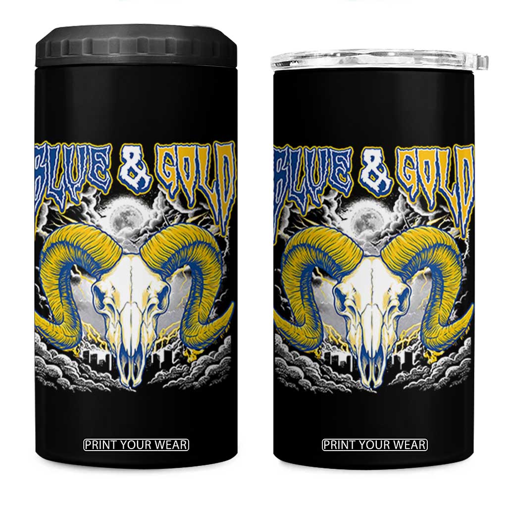 Blue and Gold Lightning Ram Skull Bighorn Sheep Graphic 4 in 1 Can Cooler Tumbler Electric City Pride TS02 One Size: 16 oz Black Print Your Wear