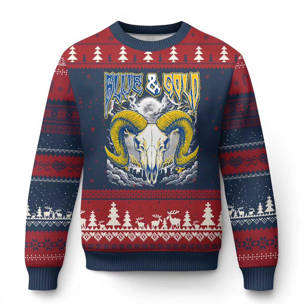 Blue and Gold Lightning Ram Skull Bighorn Sheep Graphic Ugly Christmas Sweater Electric City Pride TS02 Navy Red Print Your Wear