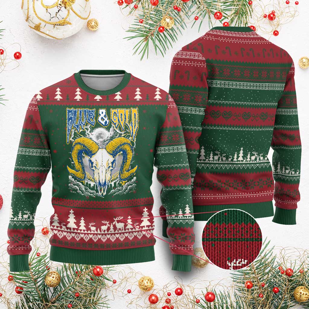 Blue and Gold Lightning Ram Skull Bighorn Sheep Graphic Ugly Christmas Sweater Electric City Pride TS02 Red Green Print Your Wear