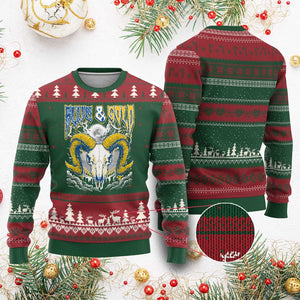Blue and Gold Lightning Ram Skull Bighorn Sheep Graphic Ugly Christmas Sweater Electric City Pride TS02 Red Green Print Your Wear