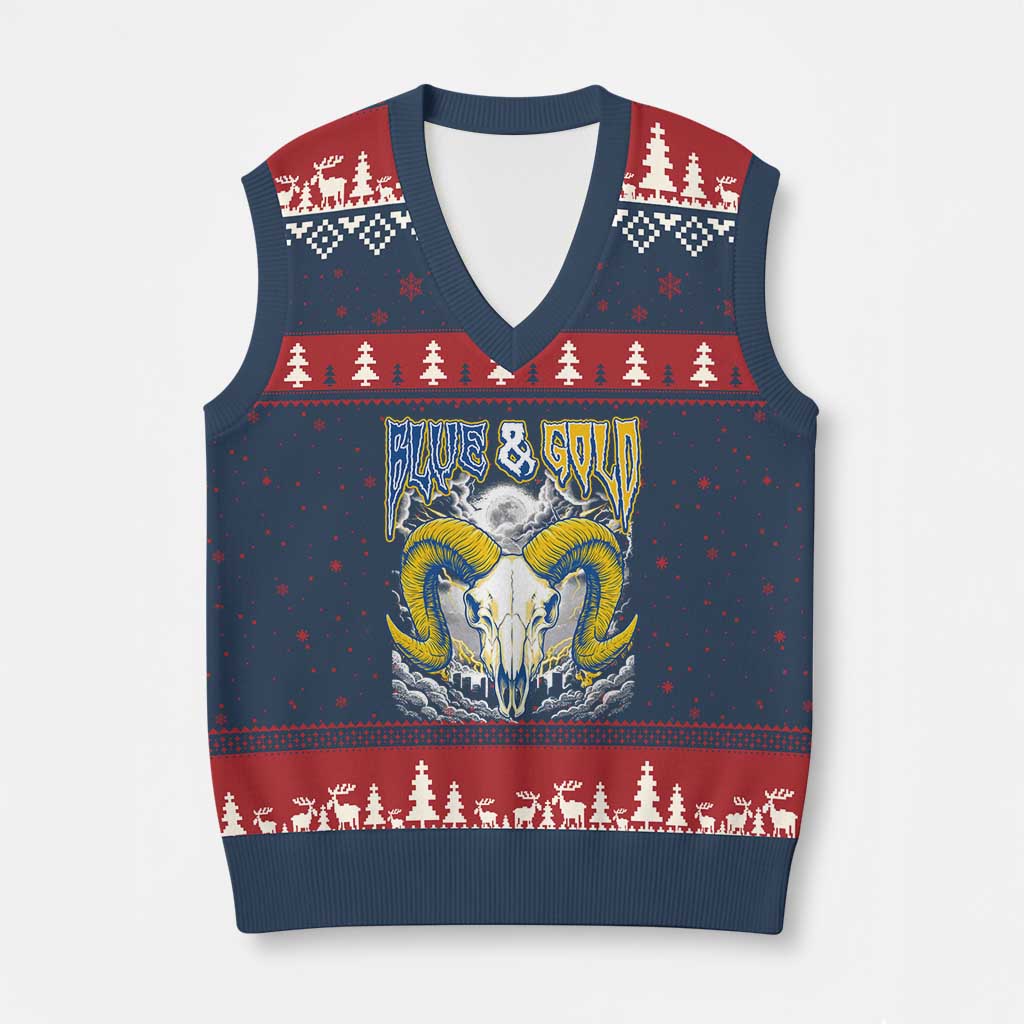 Blue and Gold Lightning Ram Skull Bighorn Sheep Graphic V-Neck Knit Sweater Vest Electric City Pride TS02 Navy Red Print Your Wear