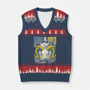 Blue and Gold Lightning Ram Skull Bighorn Sheep Graphic V-Neck Knit Sweater Vest Electric City Pride TS02 Navy Red Print Your Wear