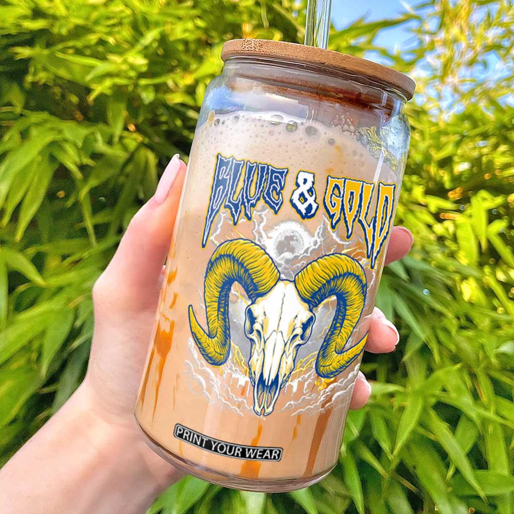 Blue and Gold Lightning Ram Skull Bighorn Sheep Graphic Glass Can Electric City Pride TS02 Black Print Your Wear