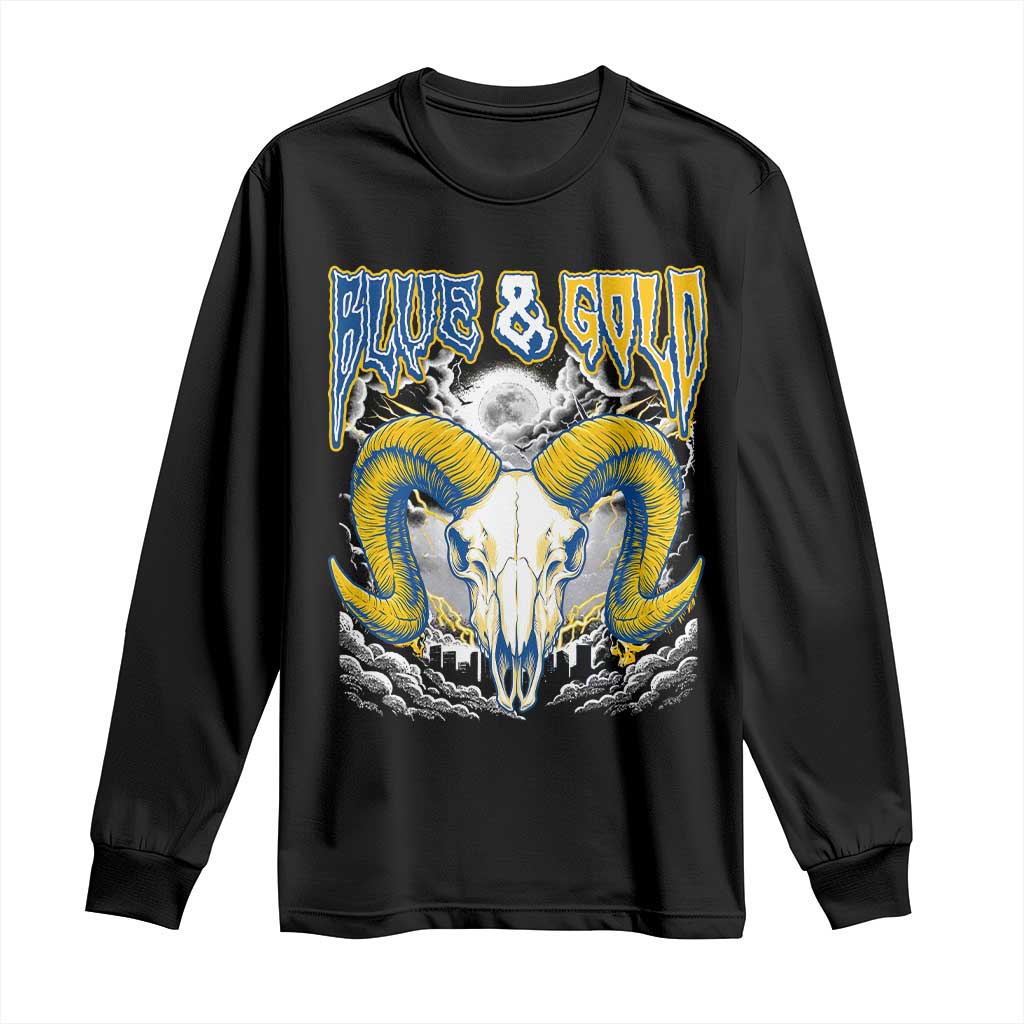 Blue and Gold Lightning Ram Skull Bighorn Sheep Graphic Long Sleeve Shirt Electric City Pride TS02 Black Print Your Wear