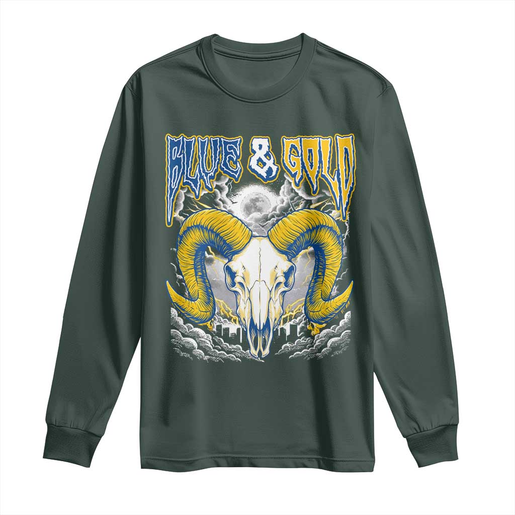 Blue and Gold Lightning Ram Skull Bighorn Sheep Graphic Long Sleeve Shirt Electric City Pride TS02 Dark Forest Green Print Your Wear
