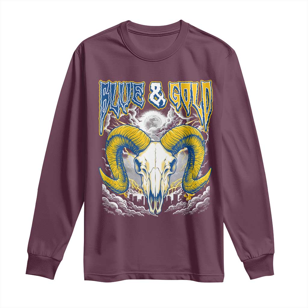 Blue and Gold Lightning Ram Skull Bighorn Sheep Graphic Long Sleeve Shirt Electric City Pride TS02 Maroon Print Your Wear
